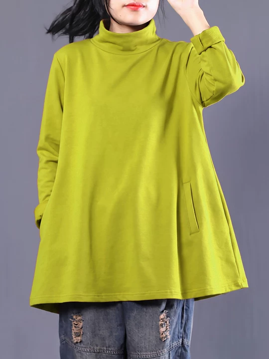 Plus Size Women Casual Pure Color Turtleneck Sweatshirt
