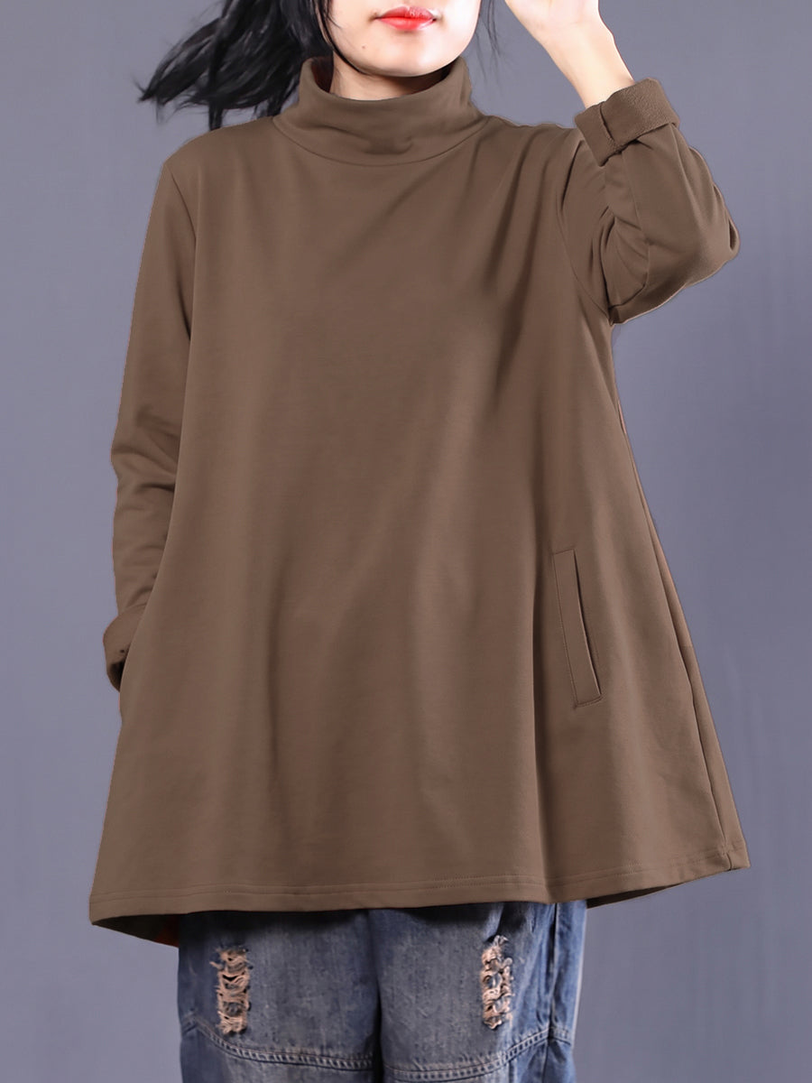 Plus Size Women Casual Pure Color Turtleneck Sweatshirt