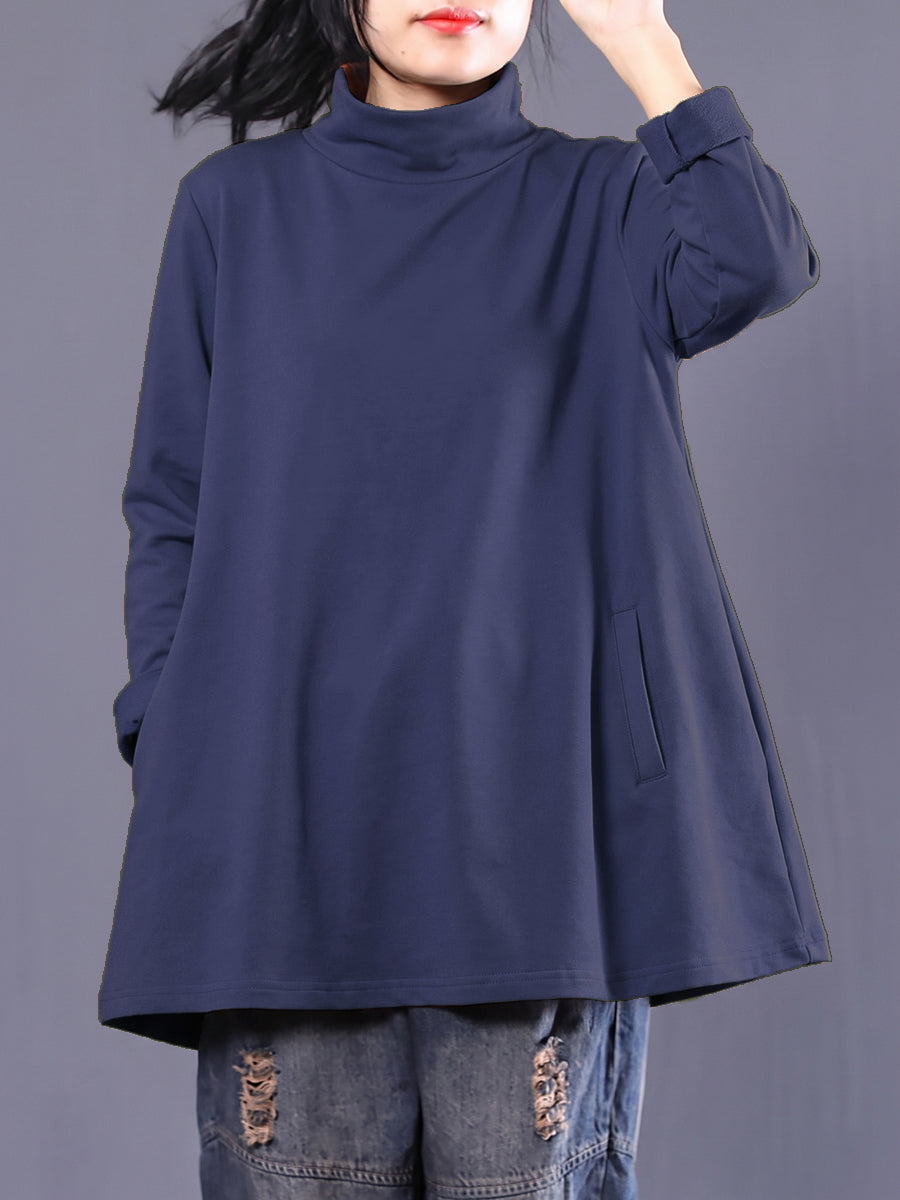 Plus Size Women Casual Pure Color Turtleneck Sweatshirt