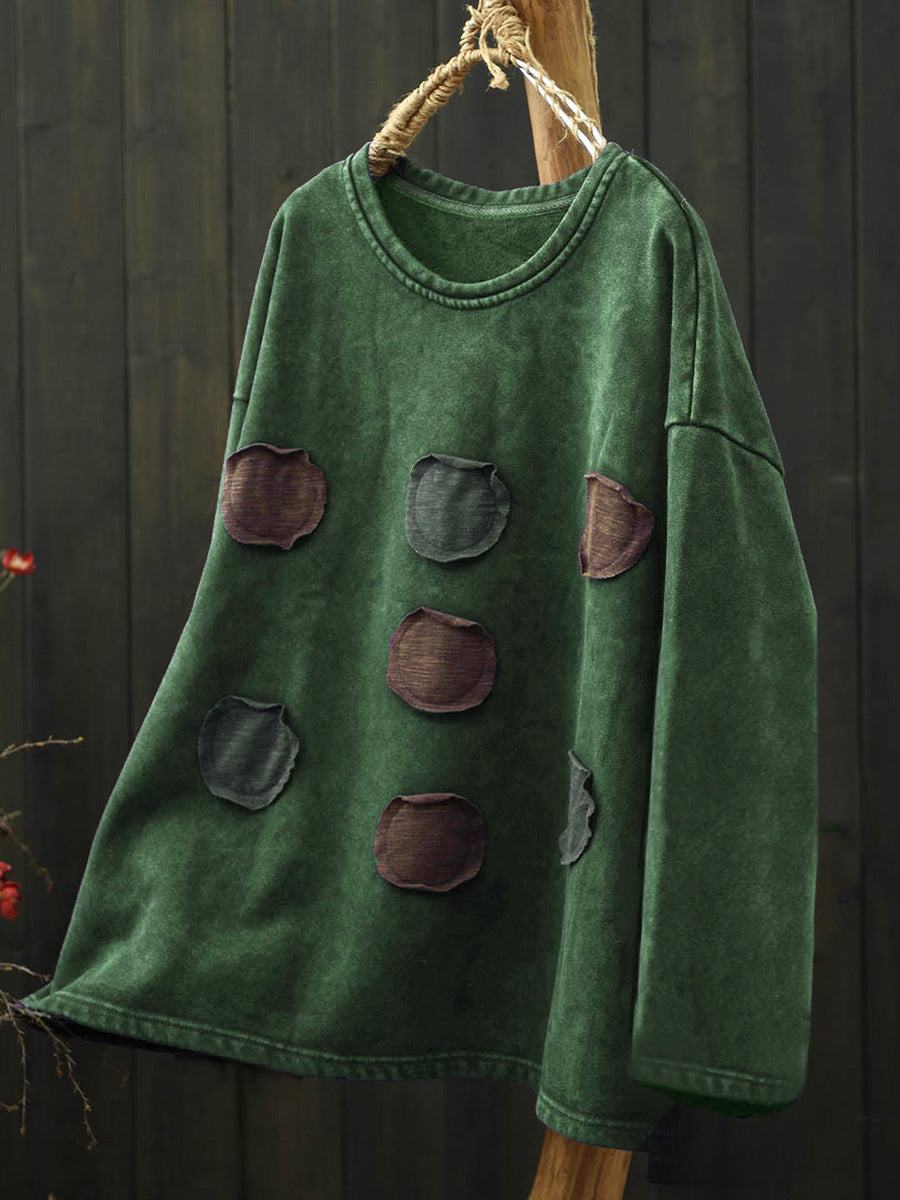 Plus Size Women Autumn Retro Dot Patch 100%Cotton Long Sleeve Shirt