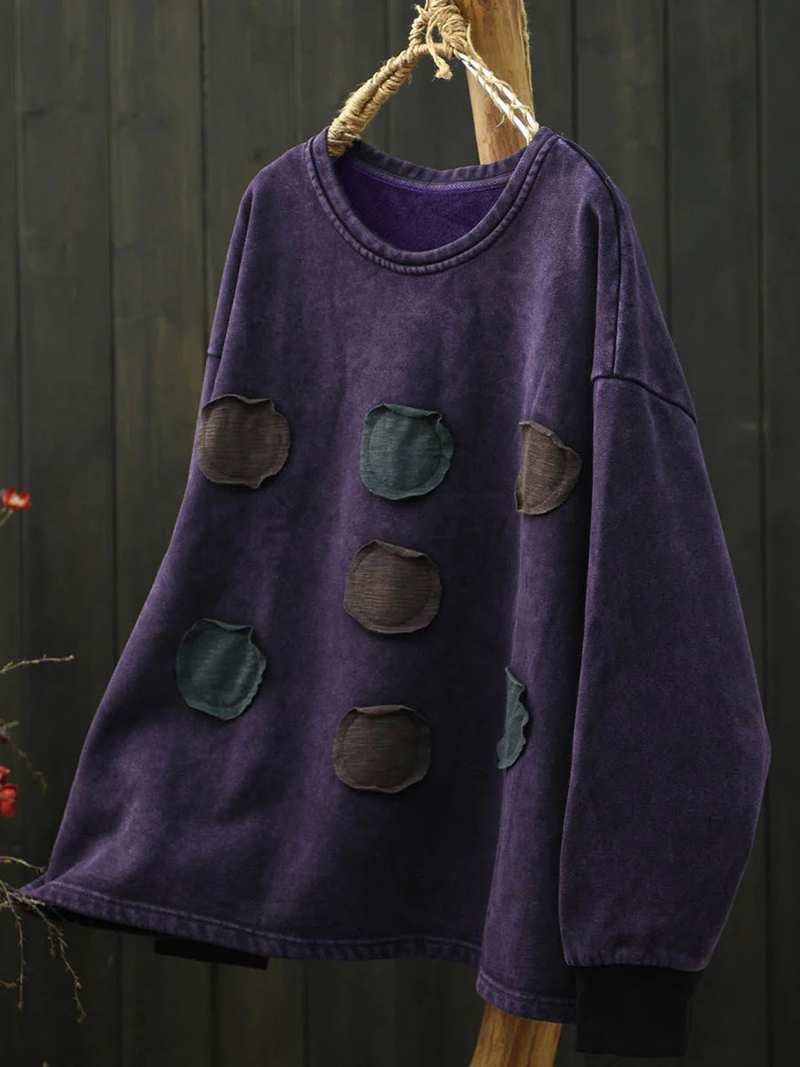 Plus Size Women Autumn Retro Dot Patch 100%Cotton Long Sleeve Shirt