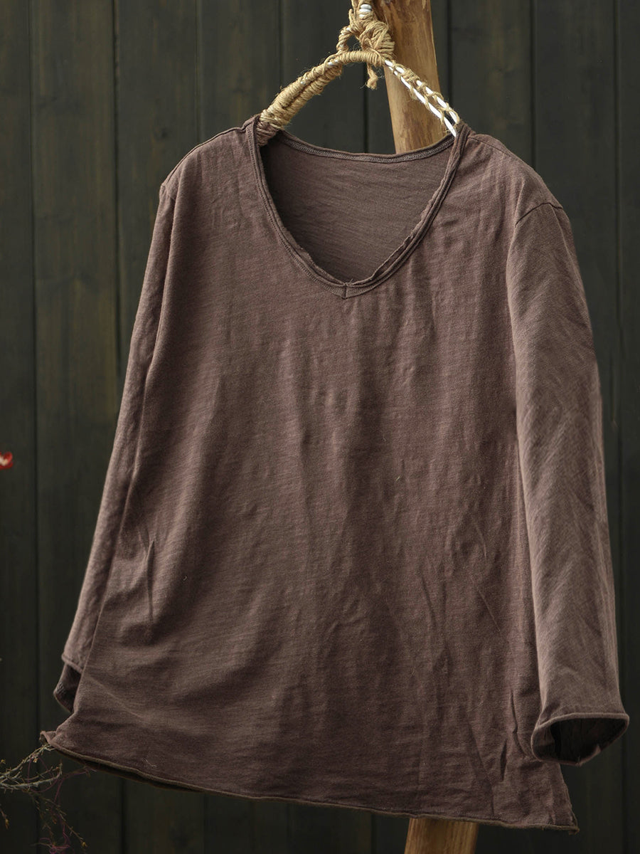 Plus Size Women Summer Vintage Pure Color V-Neck Cotton T-Shirt