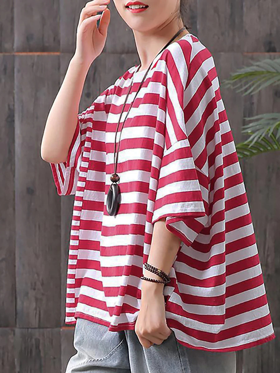Plus Size - Buykud 100% Cotton Striped Casual T-Shirt