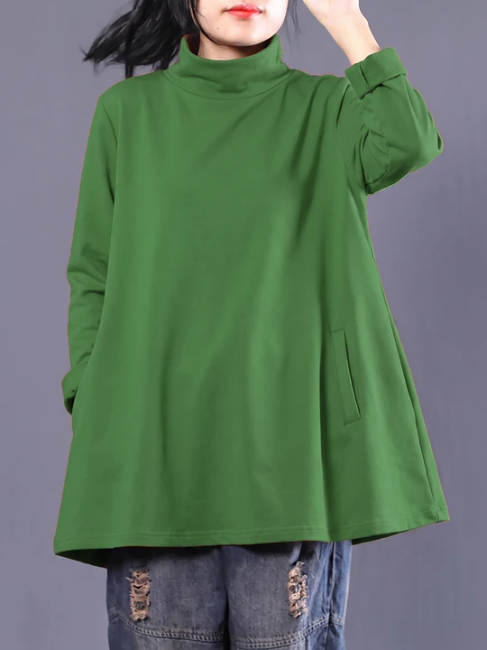 Plus Size Women Casual Pure Color Turtleneck Sweatshirt