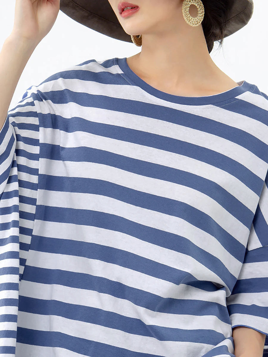 Plus Size - Buykud 100% Cotton Striped Casual T-Shirt