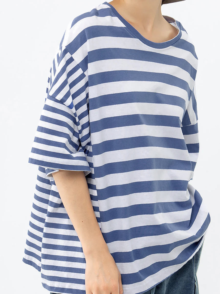 Plus Size - Buykud 100% Cotton Striped Casual T-Shirt