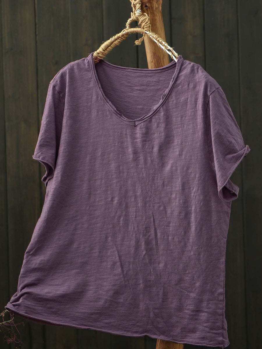 Plus Size Women Summer Vintage Pure Color V-Neck Cotton T-Shirt