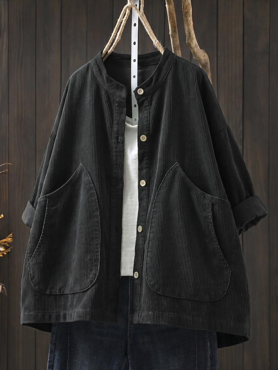 Plus Size Women Casual Solid Vintage Cotton Corduroy Coat