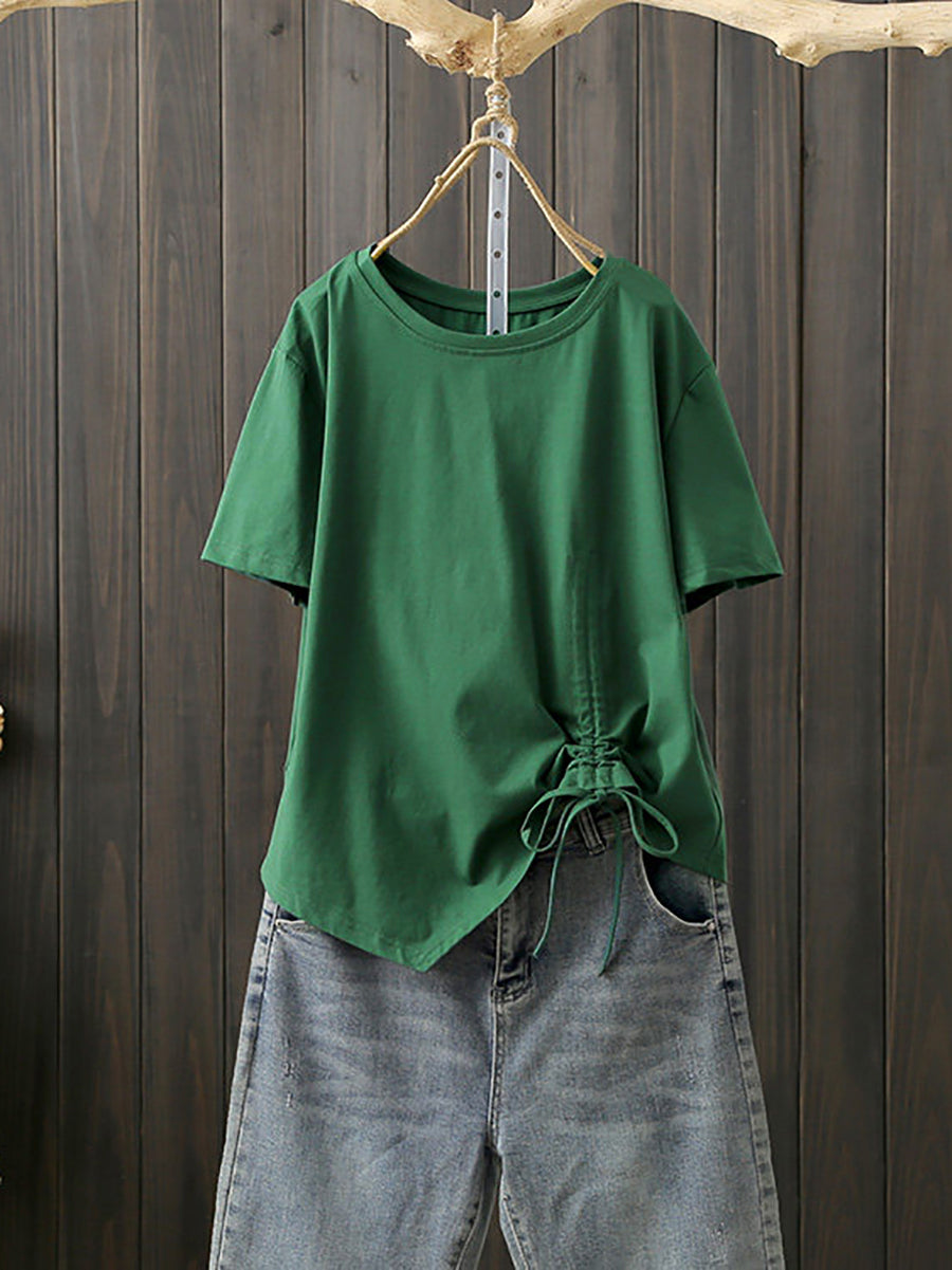 Plus Size Women Summer Artsy Irregular O-Neck Cotton T-Shirt