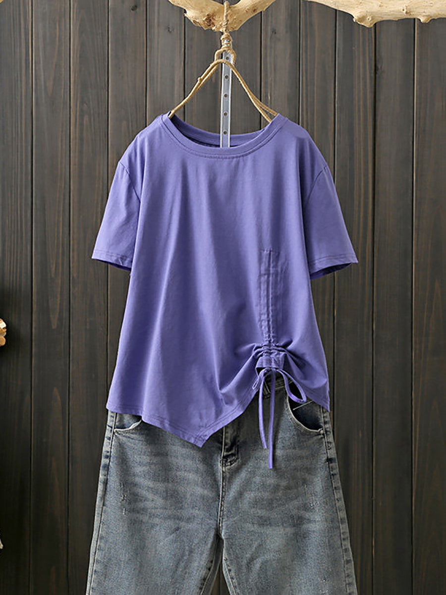 Plus Size Women Summer Artsy Irregular O-Neck Cotton T-Shirt