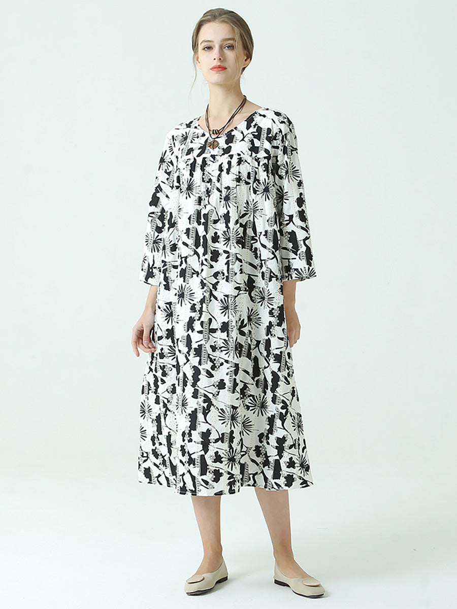 Plus Size Floral Prints O Neck Three-Quarter Sleeve Pleated Dress