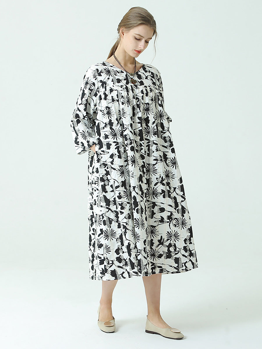 Plus Size Floral Prints O Neck Three-Quarter Sleeve Pleated Dress