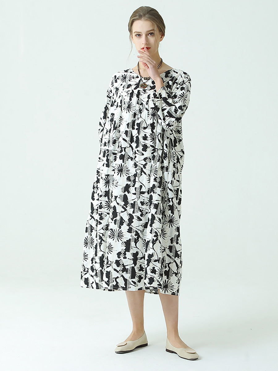 Plus Size Floral Prints O Neck Three-Quarter Sleeve Pleated Dress
