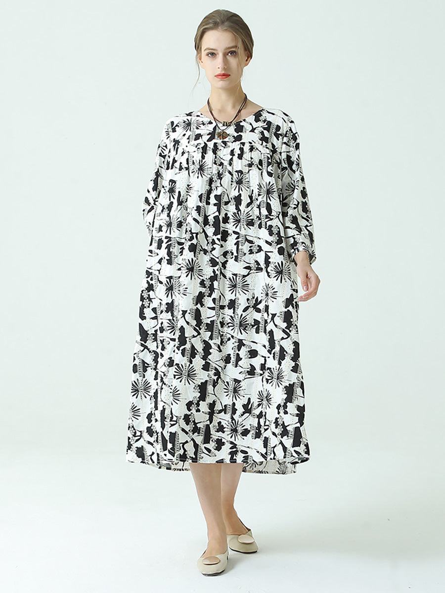 Plus Size Floral Prints O Neck Three-Quarter Sleeve Pleated Dress