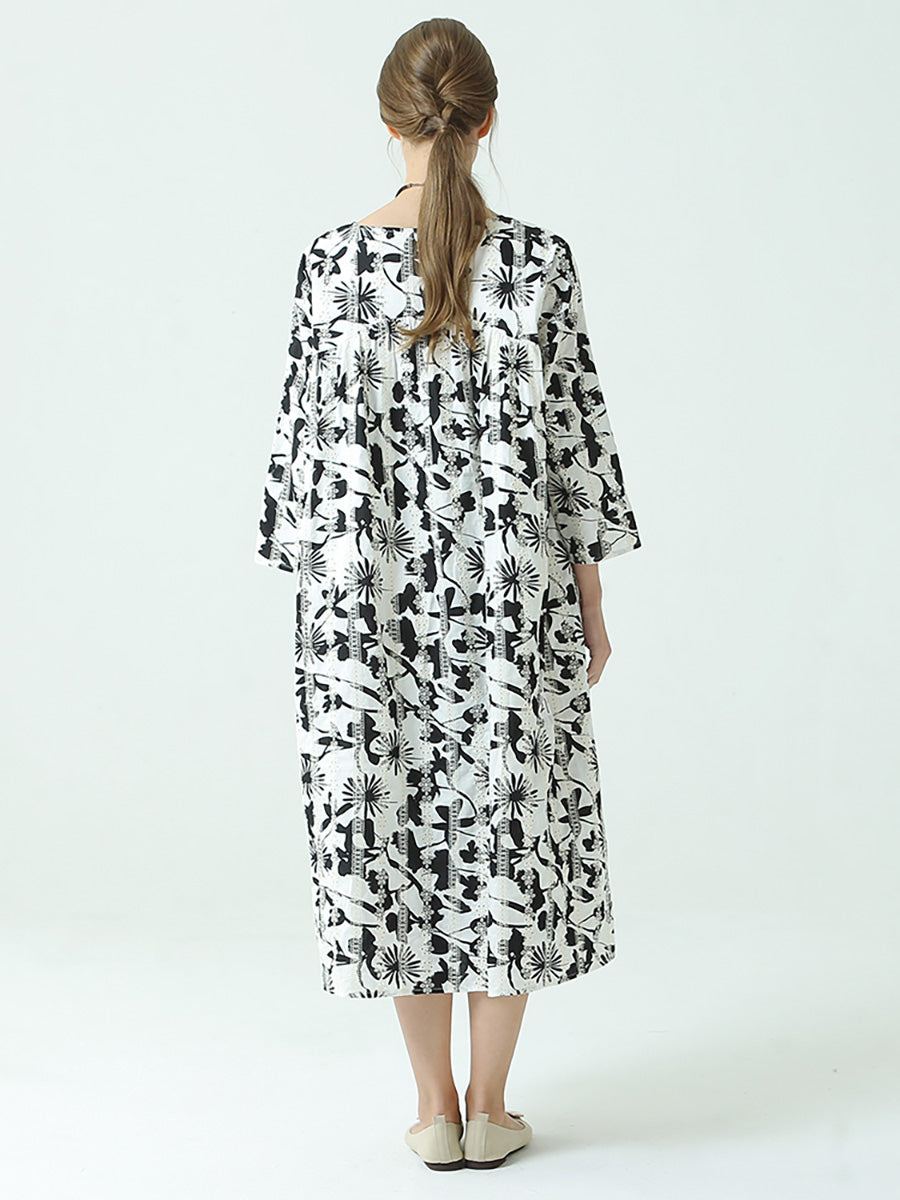 Plus Size Floral Prints O Neck Three-Quarter Sleeve Pleated Dress