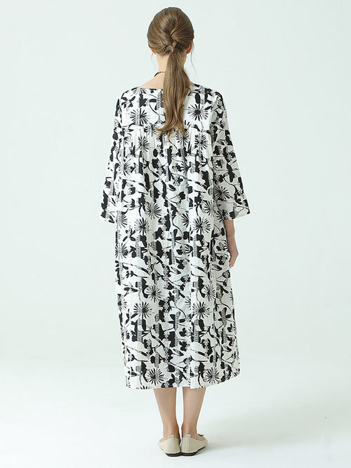 Plus Size Floral Prints O Neck Three-Quarter Sleeve Pleated Dress