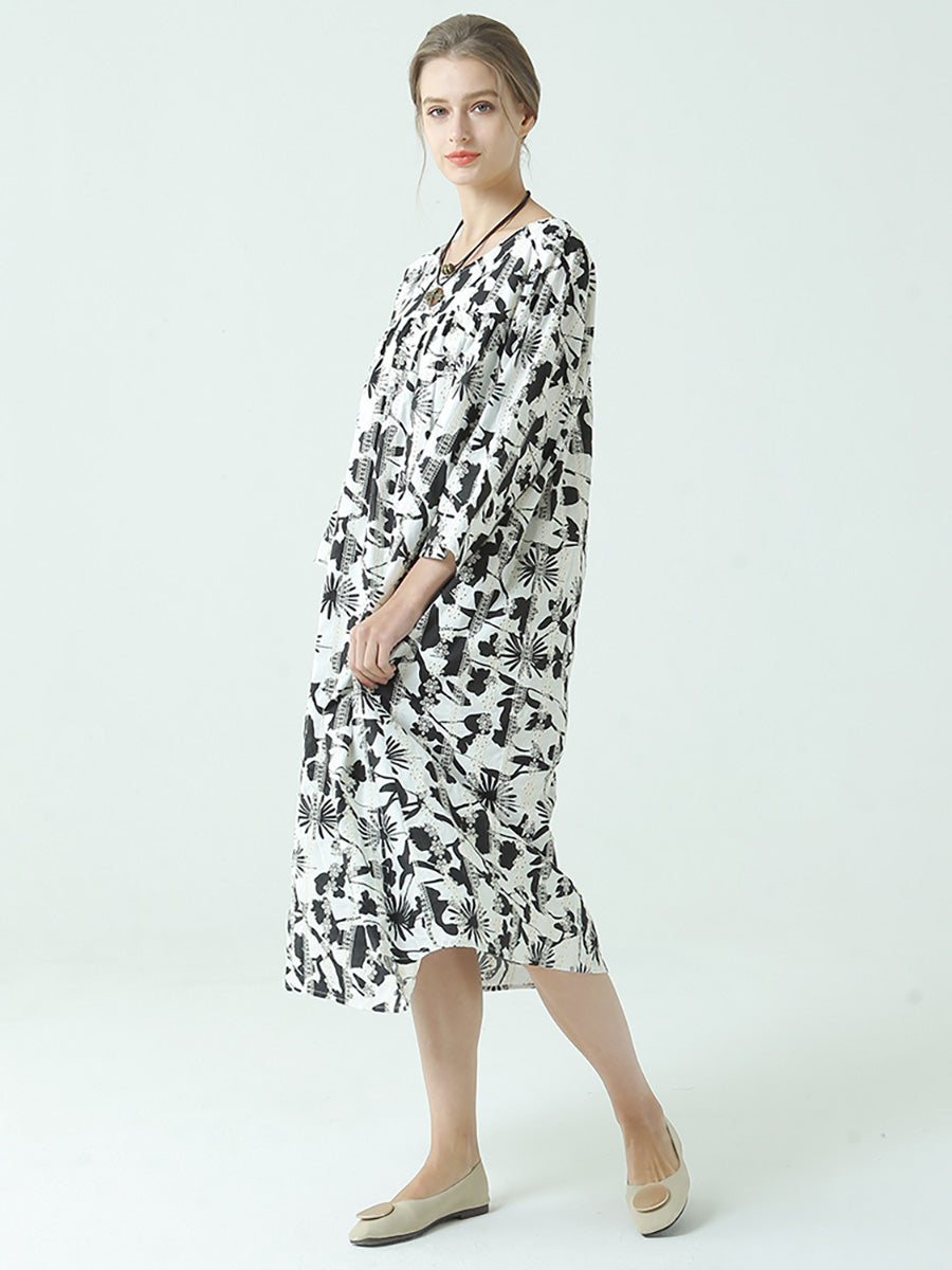 Plus Size Floral Prints O Neck Three-Quarter Sleeve Pleated Dress