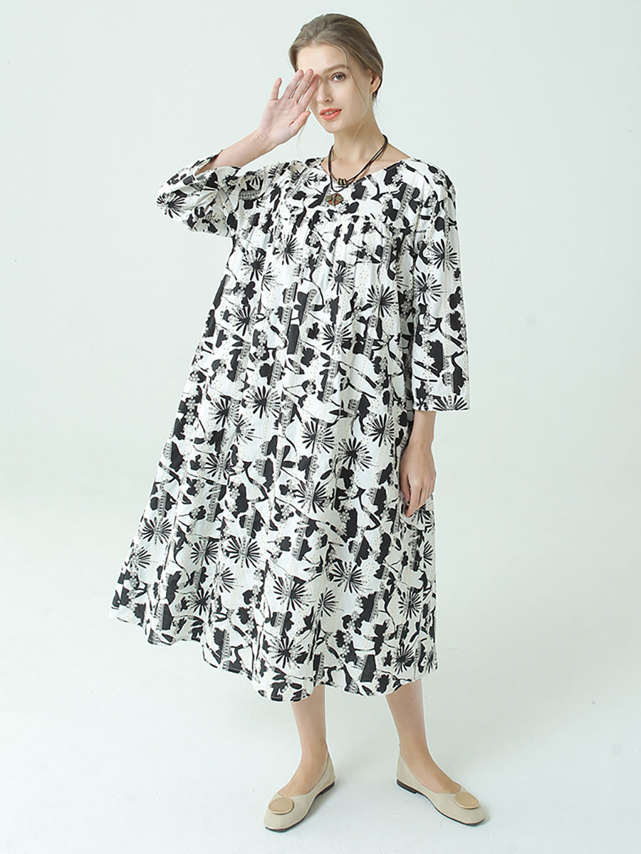 Plus Size Floral Prints O Neck Three-Quarter Sleeve Pleated Dress