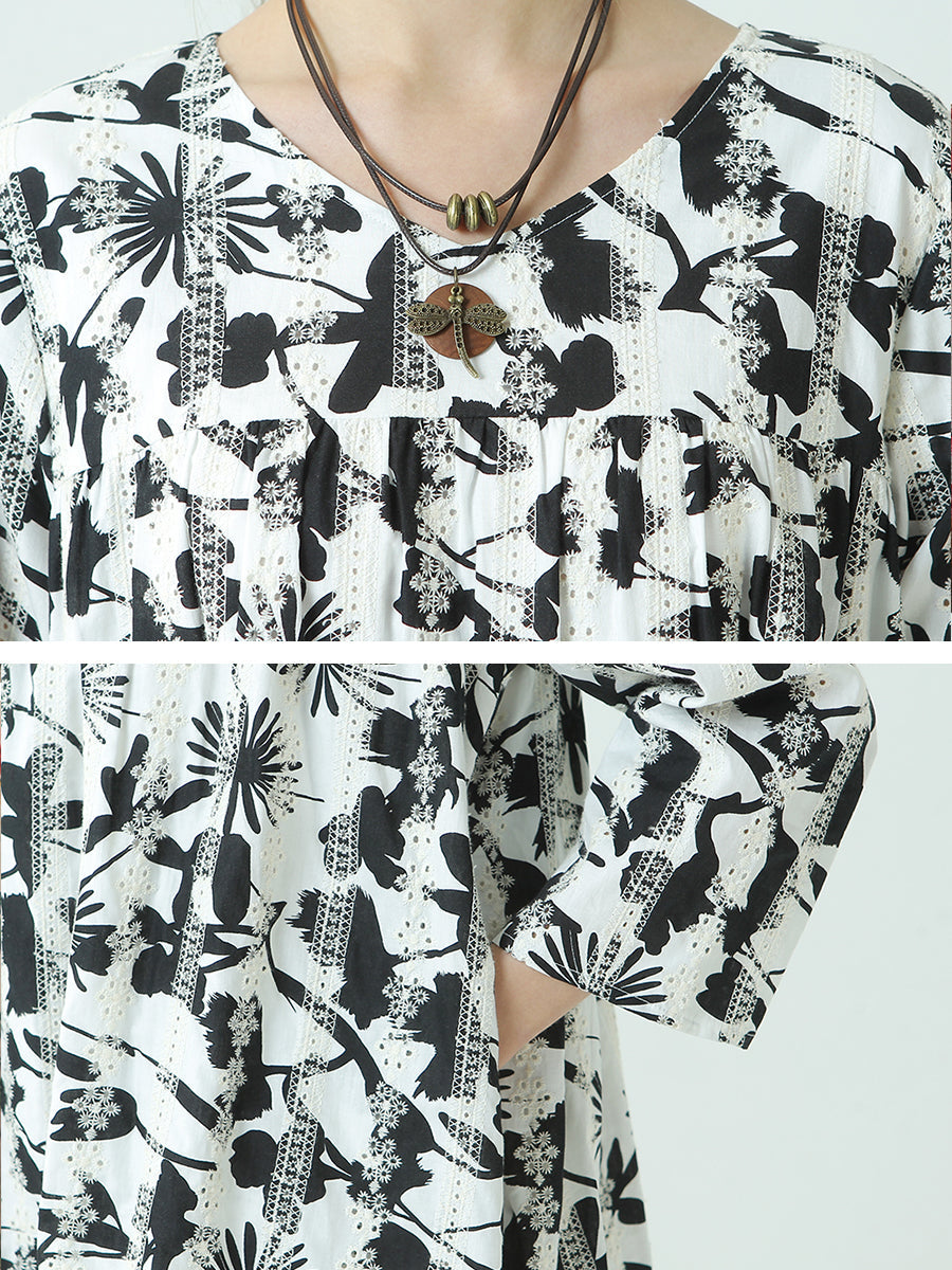 Plus Size Floral Prints O Neck Three-Quarter Sleeve Pleated Dress