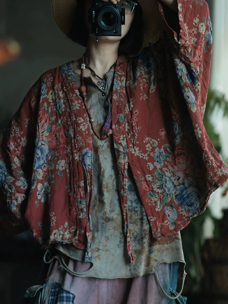 Plus Size Women Spring Retro Flower V-Neck Cotton Shirt Coat