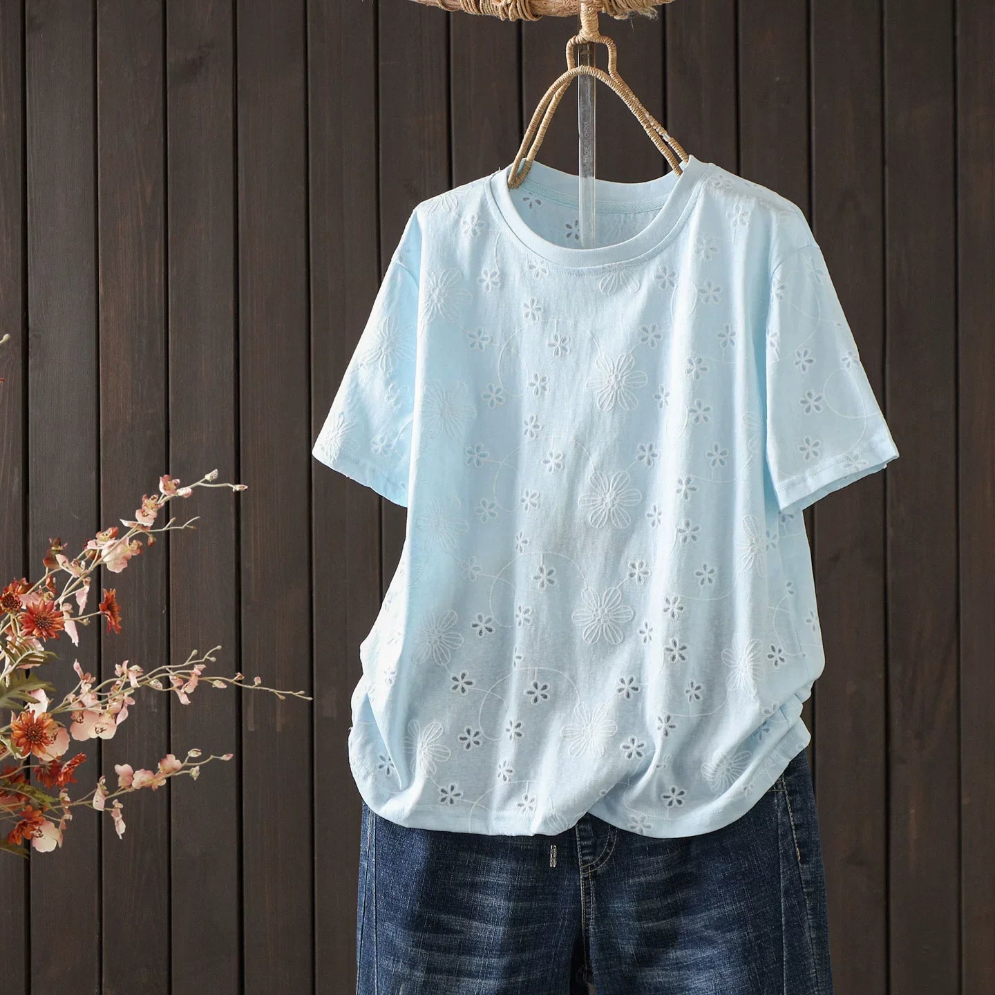 Plus Size  Women Summer Embroidery Artsy Short Sleeve  T-Shirt