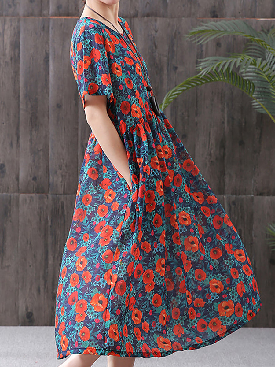 Plus Size - Floral Print Cotton Viscose Loose A-Line Dress
