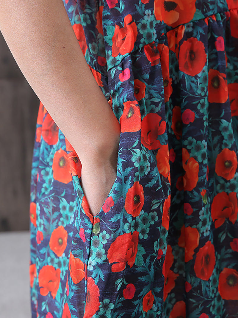 Plus Size - Floral Print Cotton Viscose Loose A-Line Dress