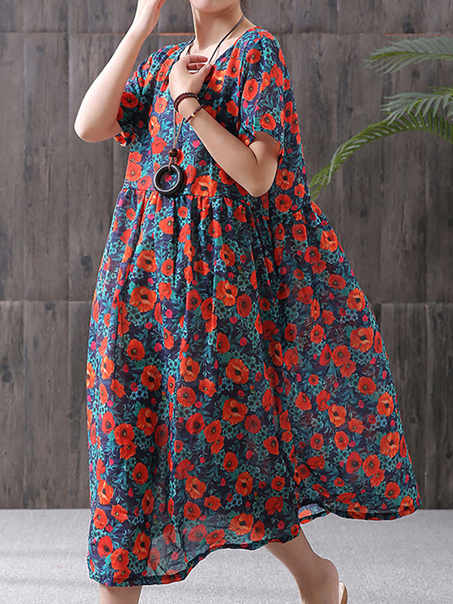 Plus Size - Floral Print Cotton Viscose Loose A-Line Dress