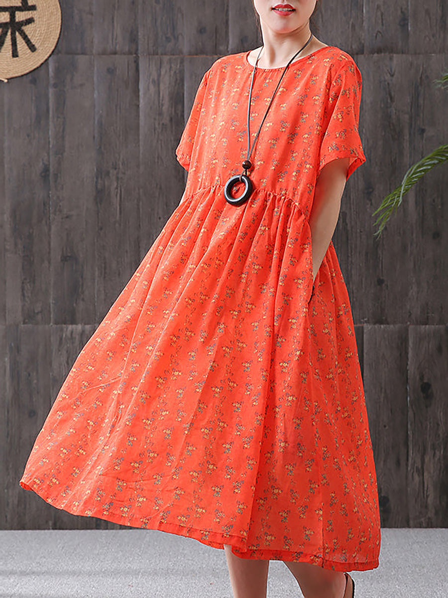 Plus Size - Floral Print Cotton Viscose Loose A-Line Dress