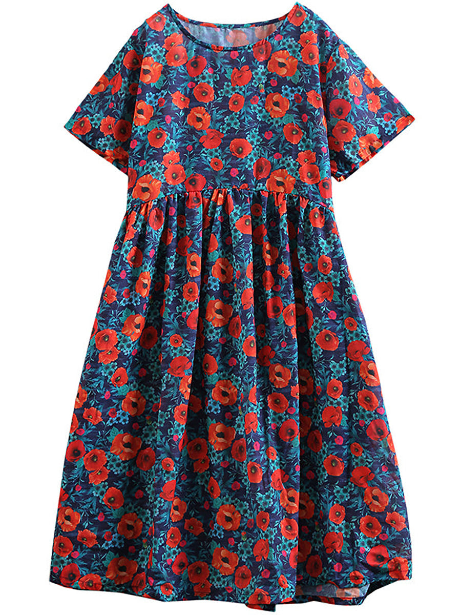 Plus Size - Floral Print Cotton Viscose Loose A-Line Dress