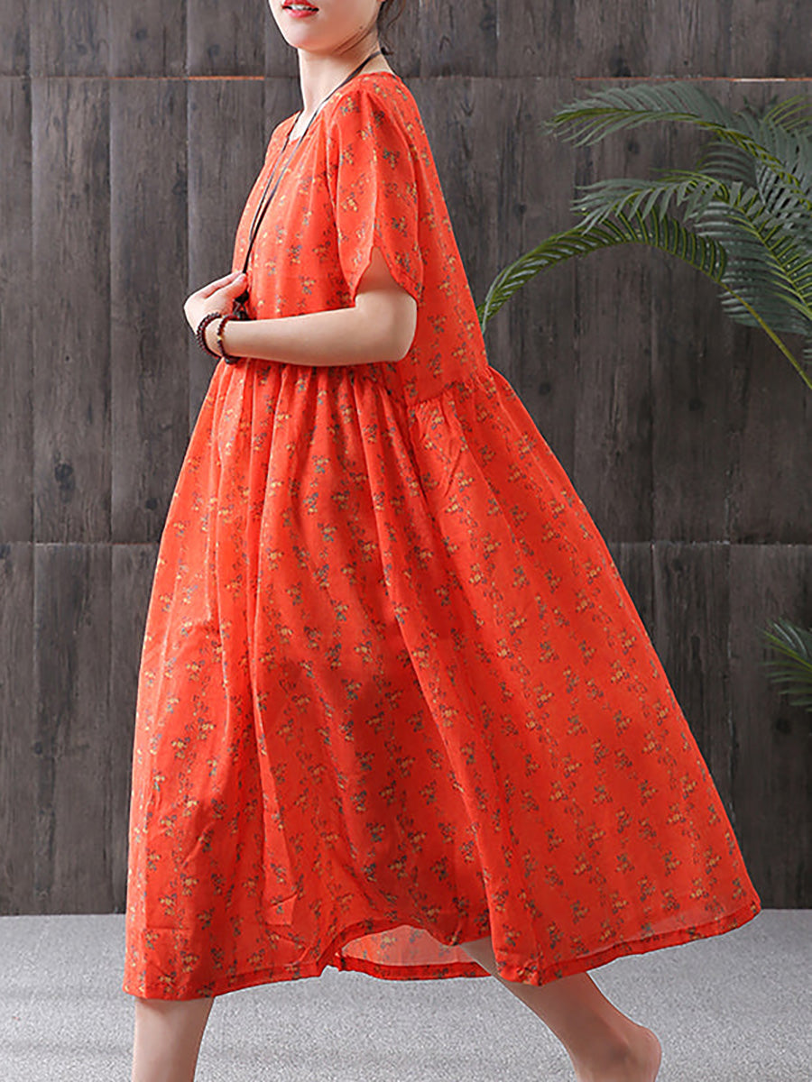 Plus Size - Floral Print Cotton Viscose Loose A-Line Dress