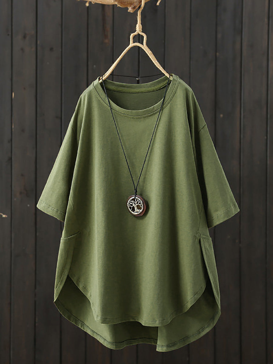 Plus Size Women Summer Casual Pure Color O-Neck T-Shirt