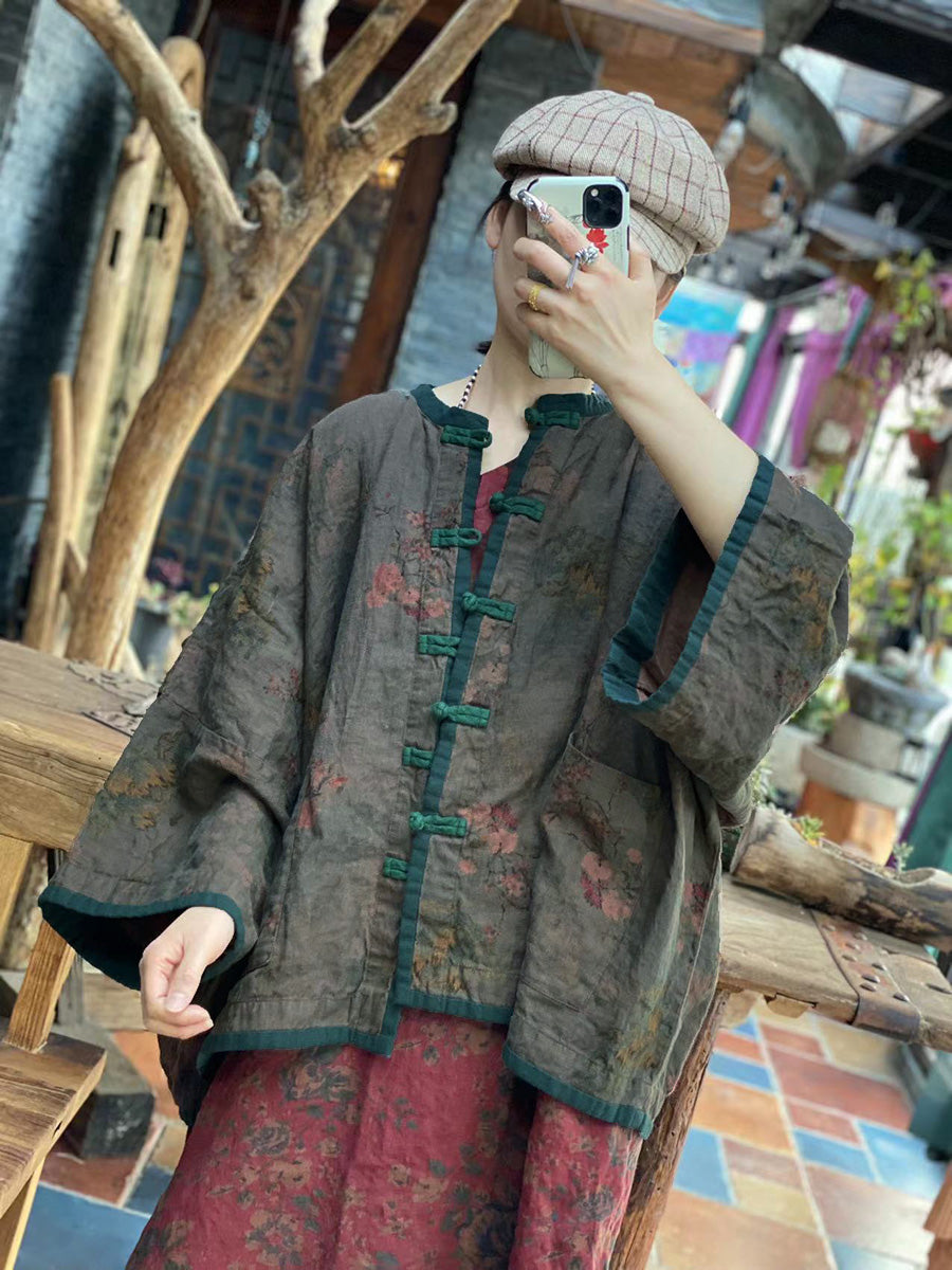 Women Autumn Vintage Flower Colorblock Button-up Linen Coat