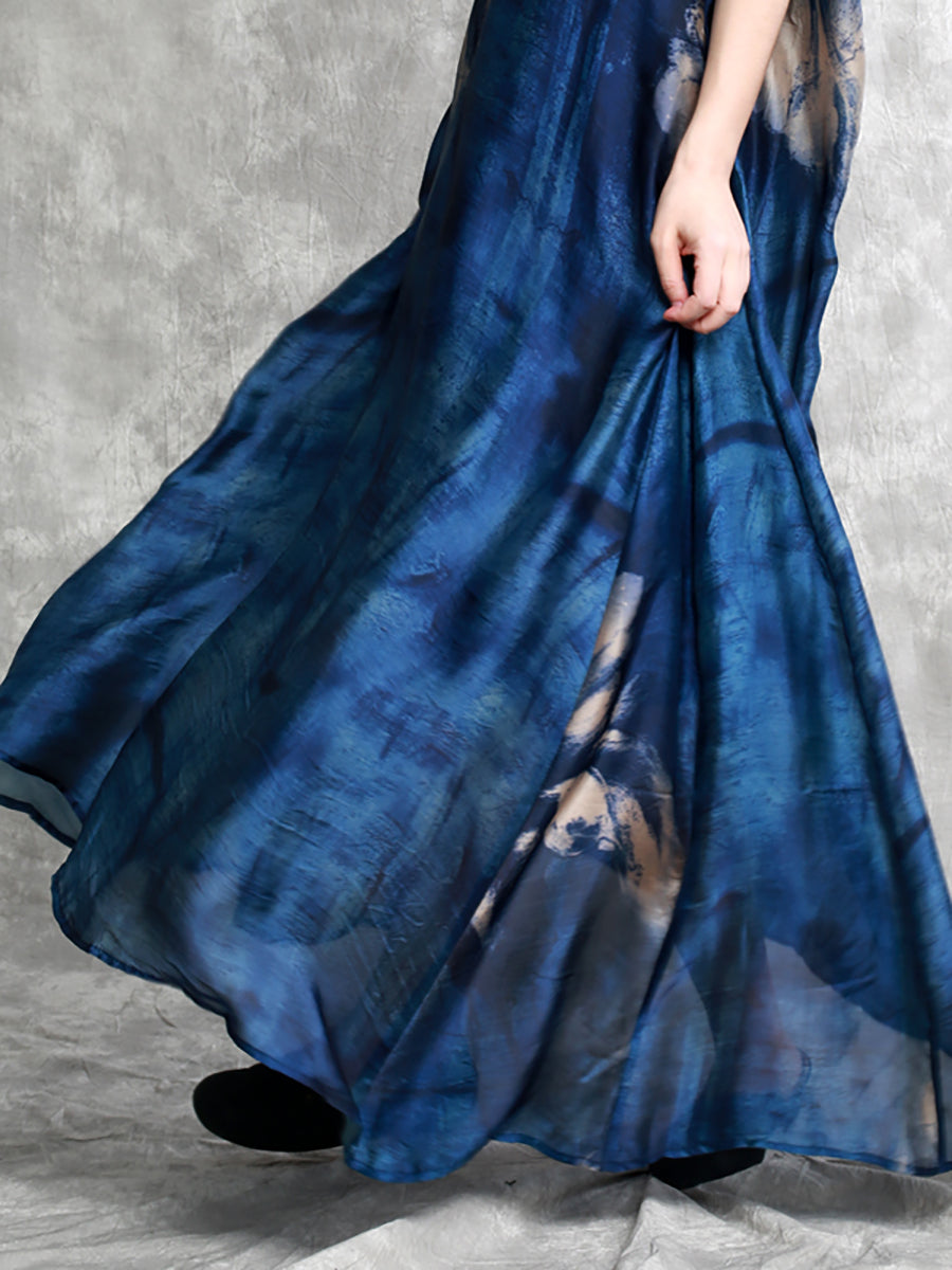 Plus Size Women Summer Abstract Ink Print Loose Maxi Dress