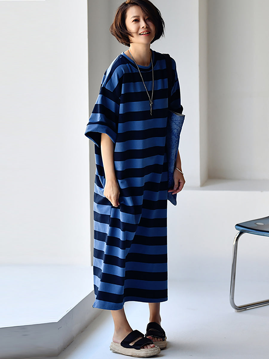 Plus Size Women Casual Stripe Loose Midi Dress