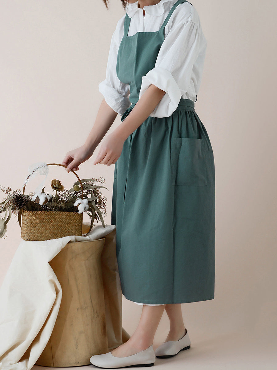 Women Casual Solid Summer Cotton Apron Dress
