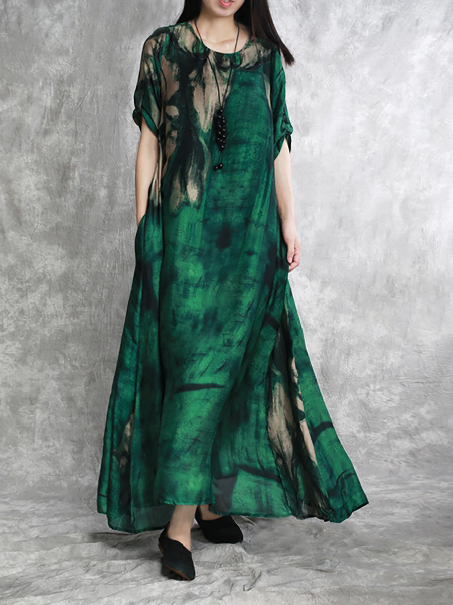 Plus Size Women Summer Abstract Ink Print Loose Maxi Dress