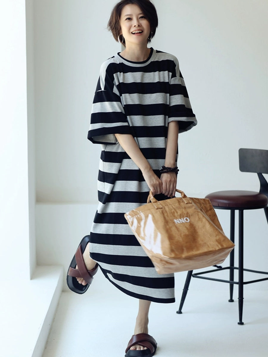 Plus Size Women Casual Stripe Loose Midi Dress