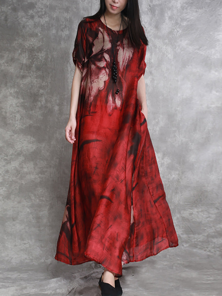 Plus Size Women Summer Abstract Ink Print Loose Maxi Dress