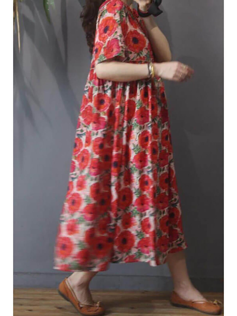 Plus Size Women Floral Vintage Casual Short Sleeve Dress