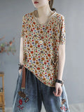 Plus Size Women Summer Casual Flower Knitted T-Shirt
