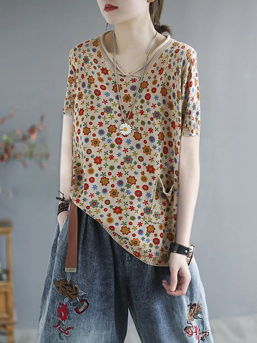 Plus Size Women Summer Casual Flower Knitted T-Shirt