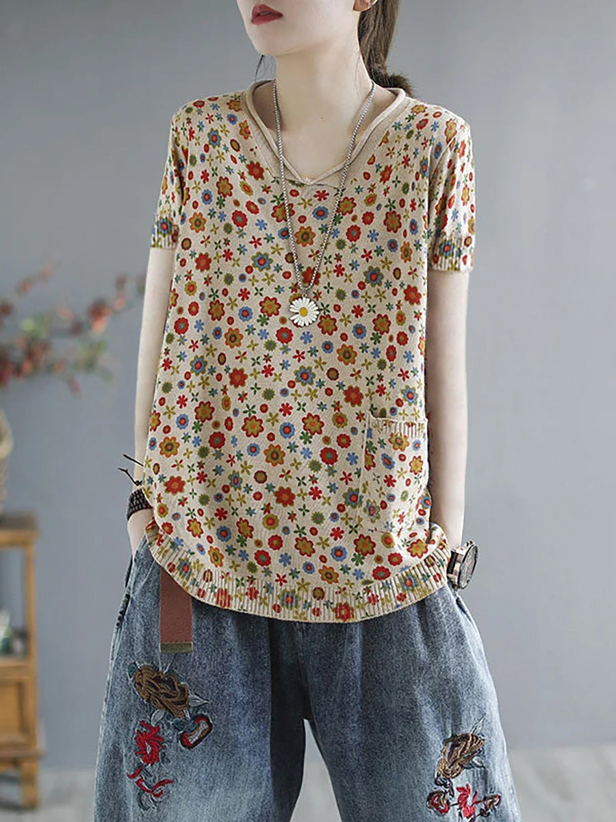 Plus Size Women Summer Casual Flower Knitted T-Shirt