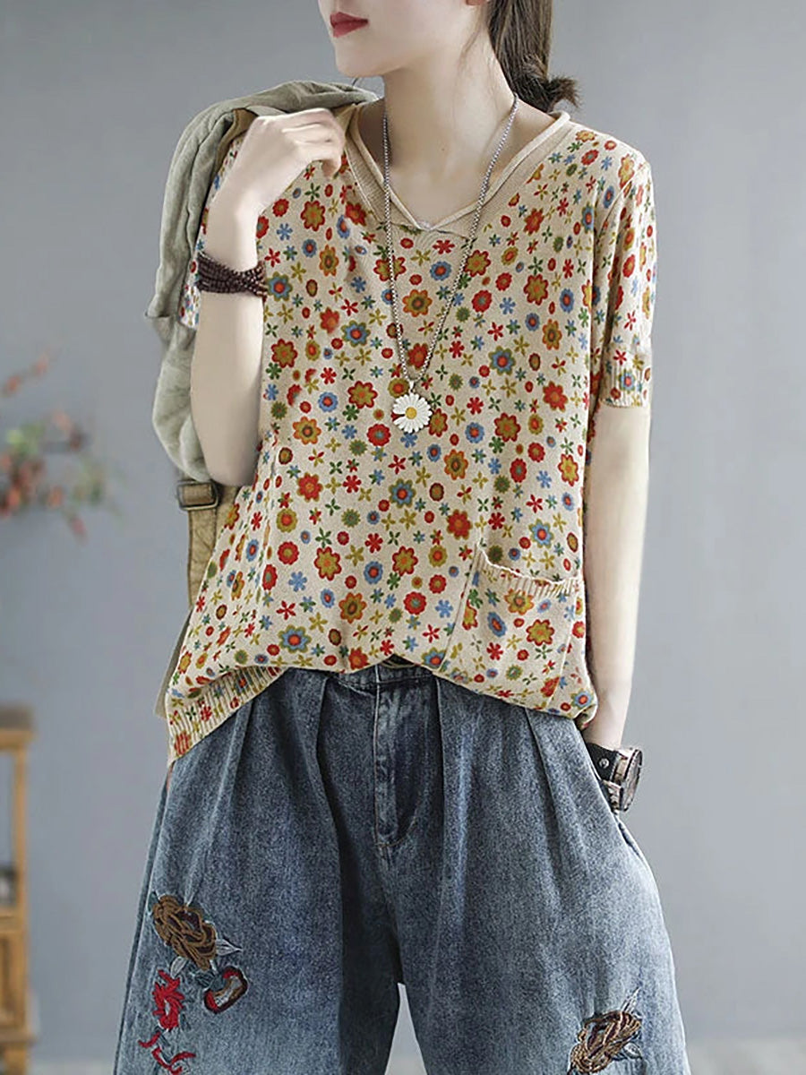 Plus Size Women Summer Casual Flower Knitted T-Shirt