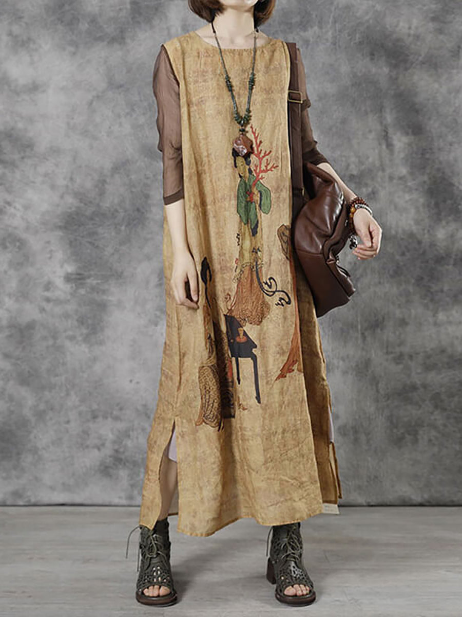 Plus Size Women Vintage Casual O-Neck Sleeveless Maxi Dress