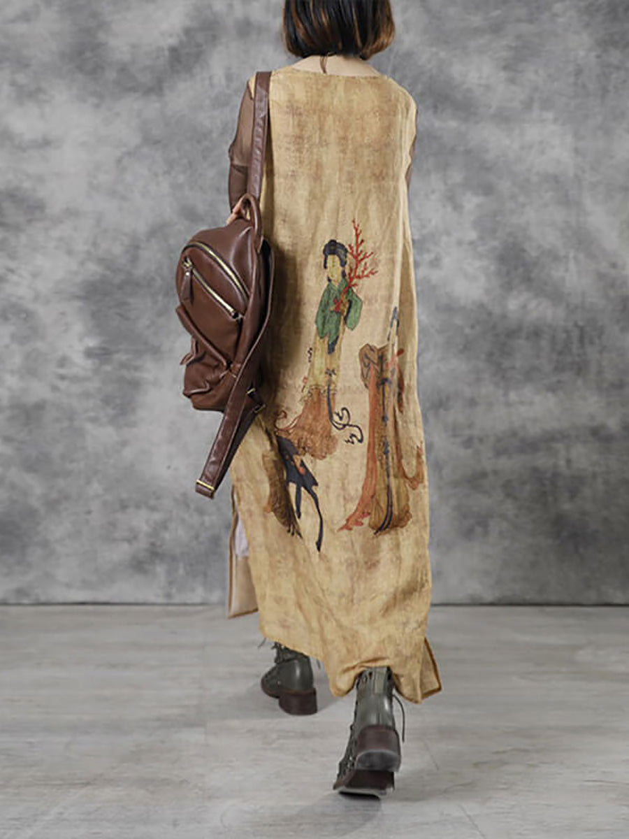 Plus Size Women Vintage Casual O-Neck Sleeveless Maxi Dress