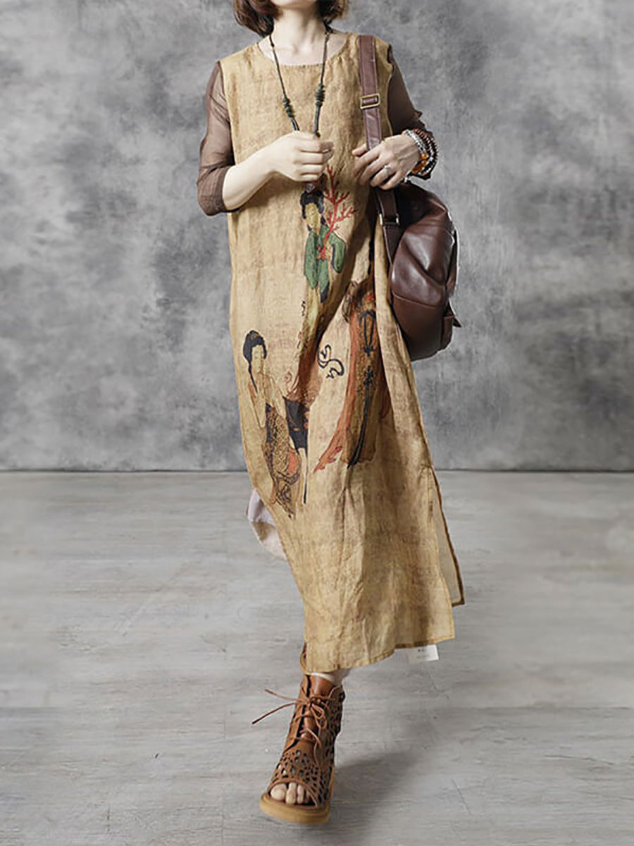 Plus Size Women Vintage Casual O-Neck Sleeveless Maxi Dress