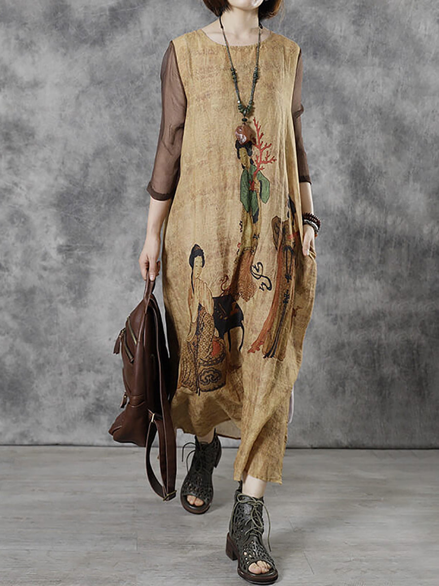 Plus Size Women Vintage Casual O-Neck Sleeveless Maxi Dress