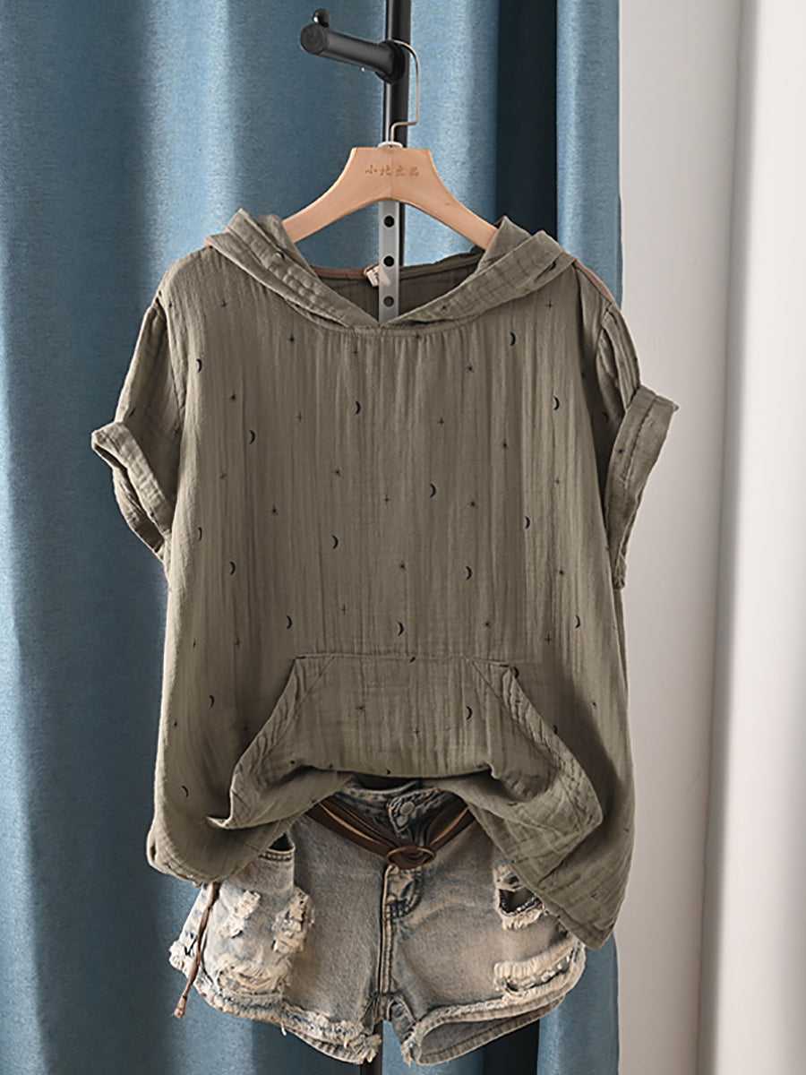 Plus Size Women Summer Casual Print Hooded 100%Cotton Hoodie