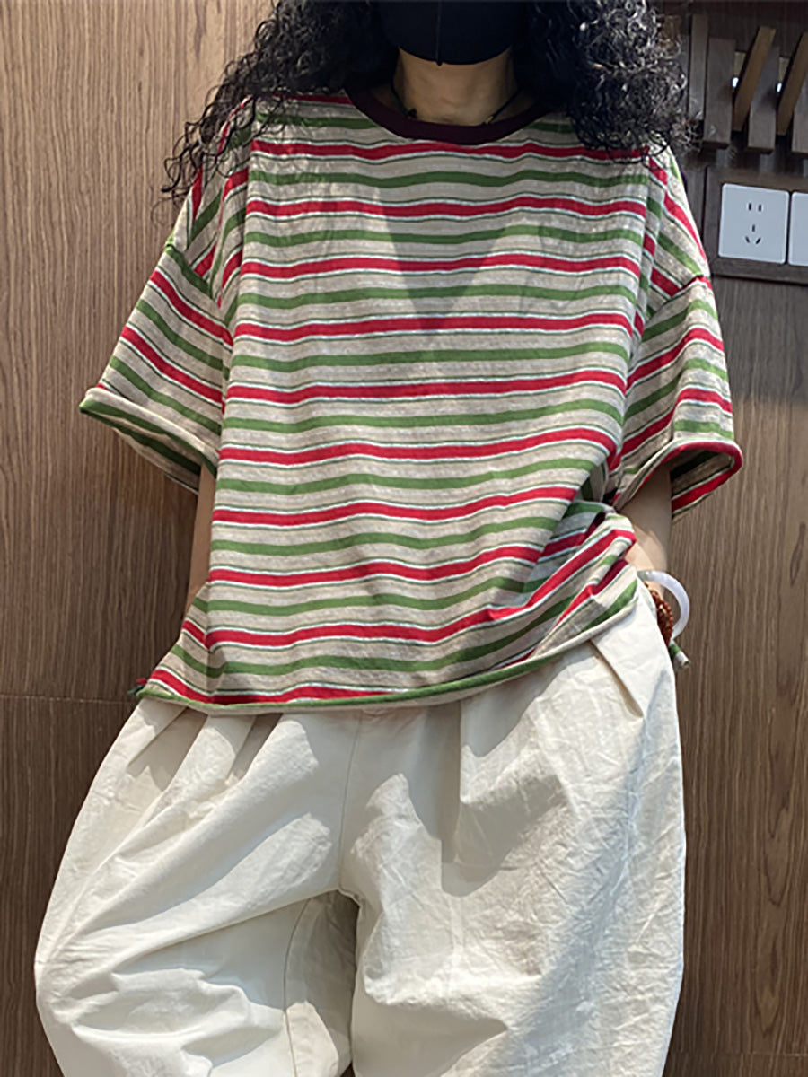 Plus Size Women Summer Casual Stripe O-Neck Cotton T-Shirt